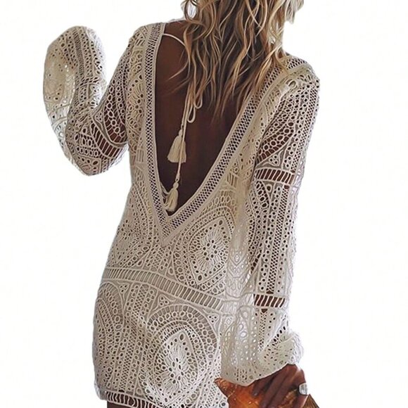 White Casual Women's Long Lantern Sleeve Hollowed Lace Flower Deep V Mini Dress - Picture 2 of 3